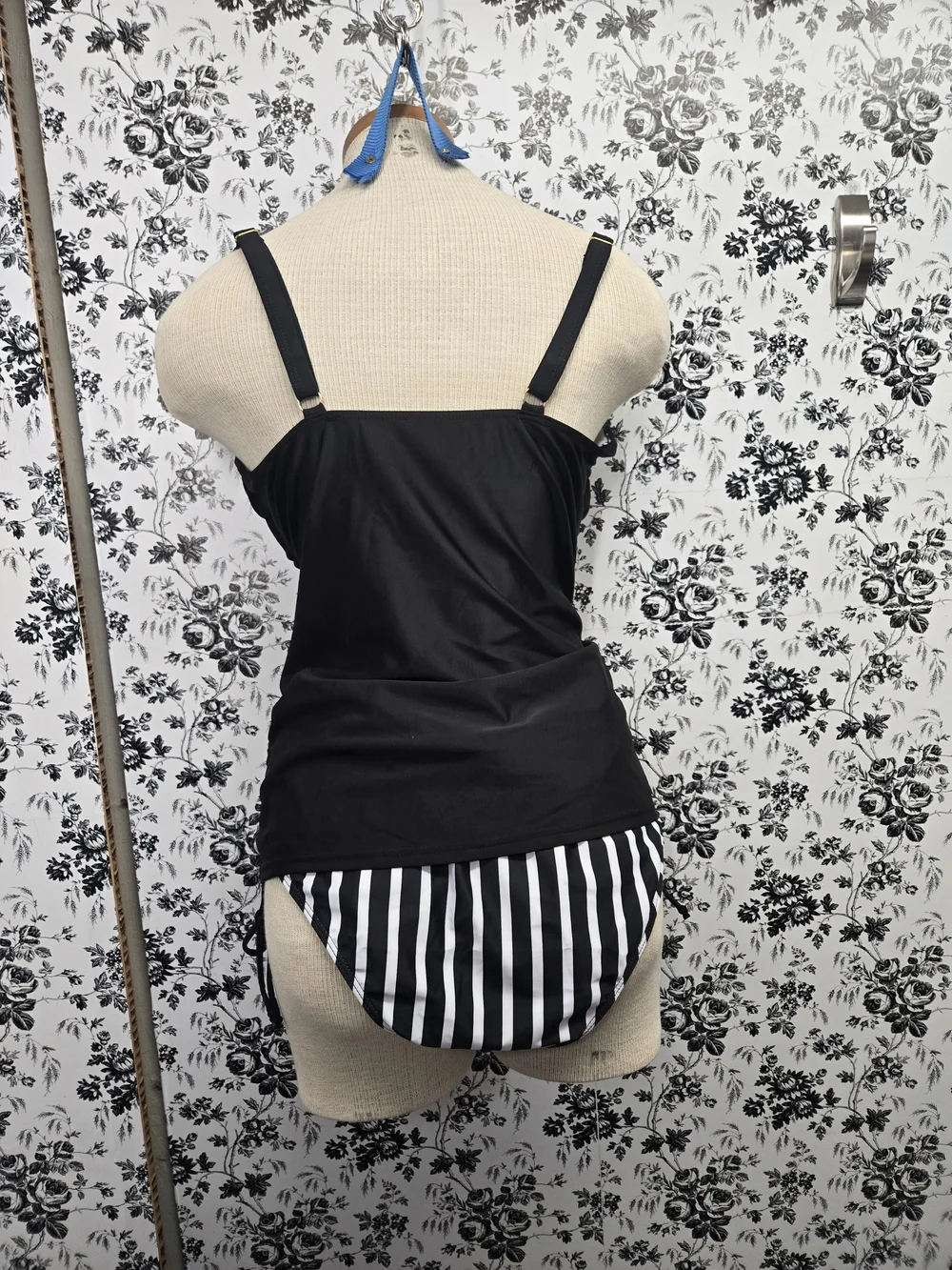 1XL Black Ruched Tankini Top Striped Bottom Swim